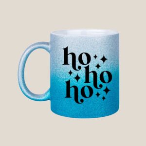 Blå julekup med glimmer og teksten hohoho